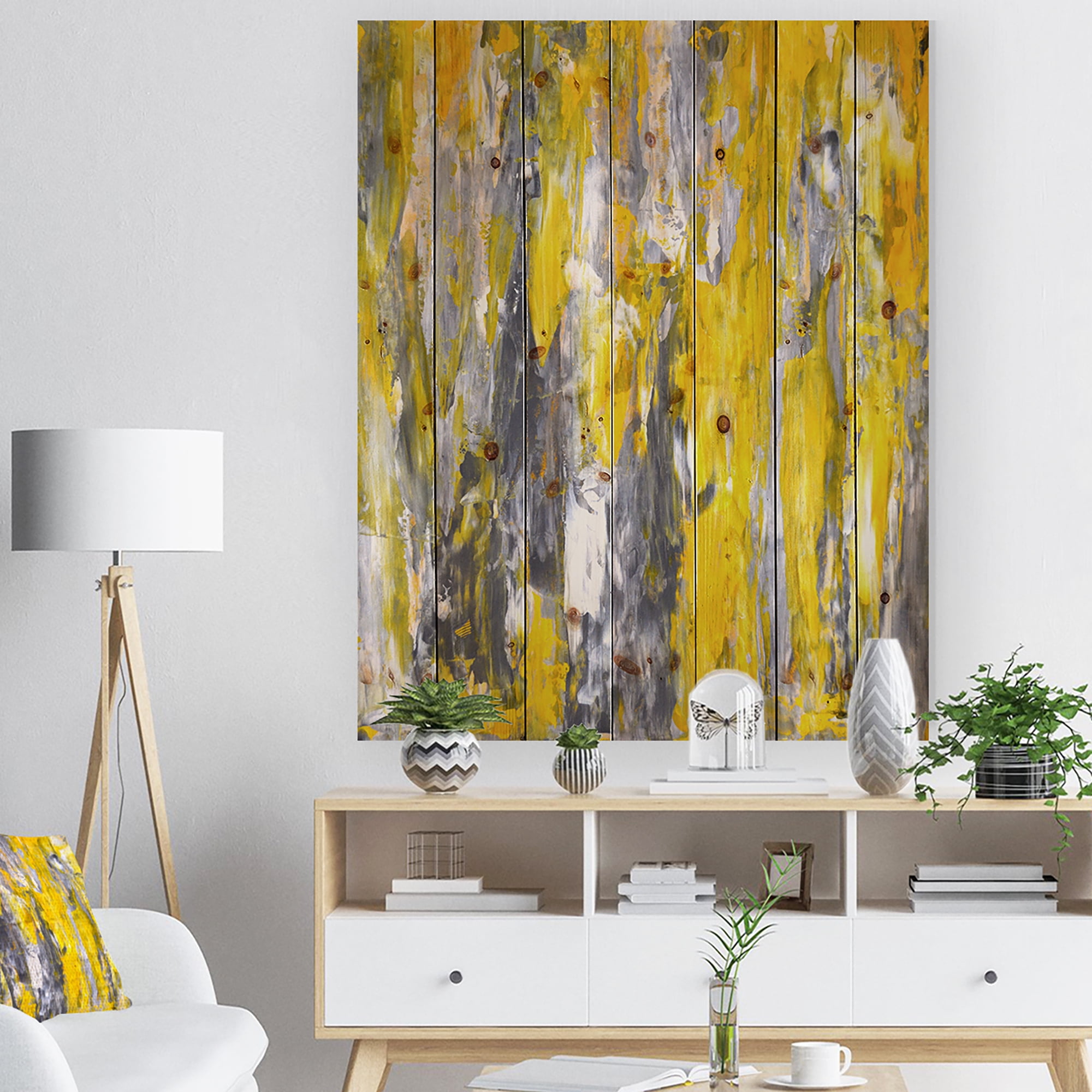 Designart 'Grey and Yellow Abstract Pattern ' Abstract Print on Natural Pine Wood