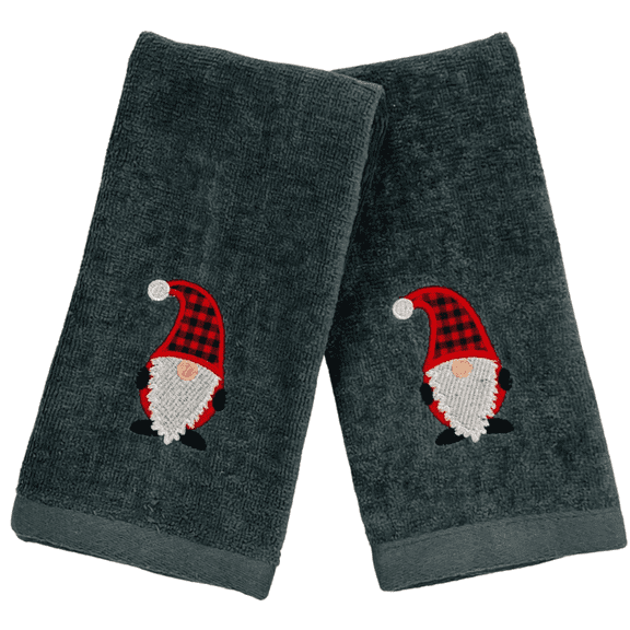 Serafina Home Christmas Gnomes Towel Set: Dark Grey Fingertip Towels with Red White Embroidery Jolly Nordic Gnome, Set of 2