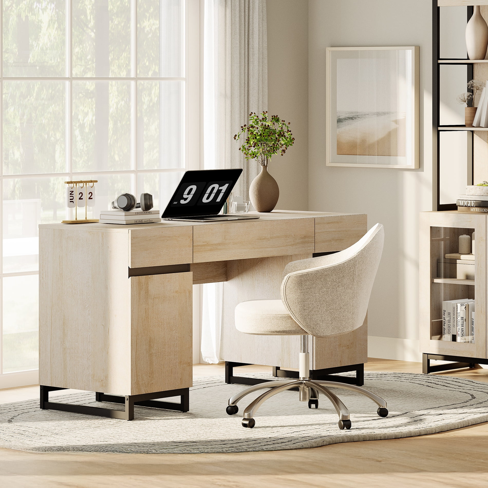 WAMPAT Office Furniture Set: 59in Modern Executive Desk with Charging Station and Drawers and Four 72in Tall Bookcases, Home Office Furniture for Living Room, Bedroom, Brown