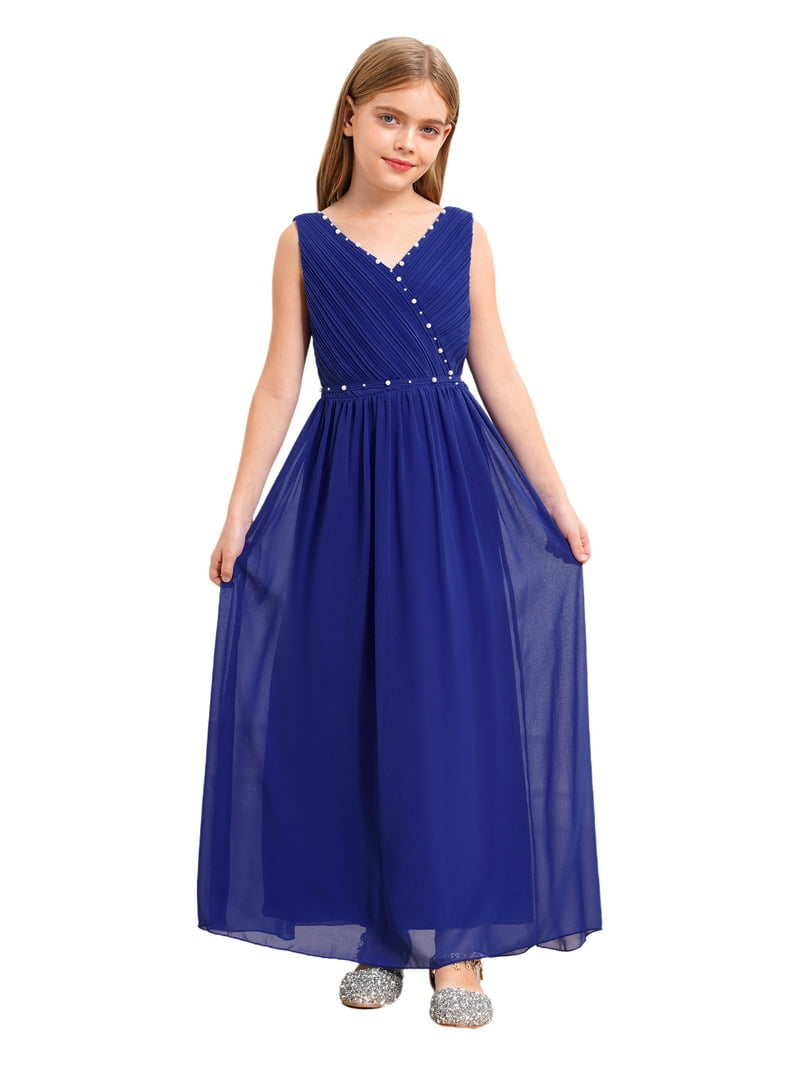 beaded junior bridesmaid dress Renvena Girls' Kids Chiffon Sleeveless Beaded Wedding Junior Bridesmaid Dance Prom Party Dress Royal Blue 10, Girl's
