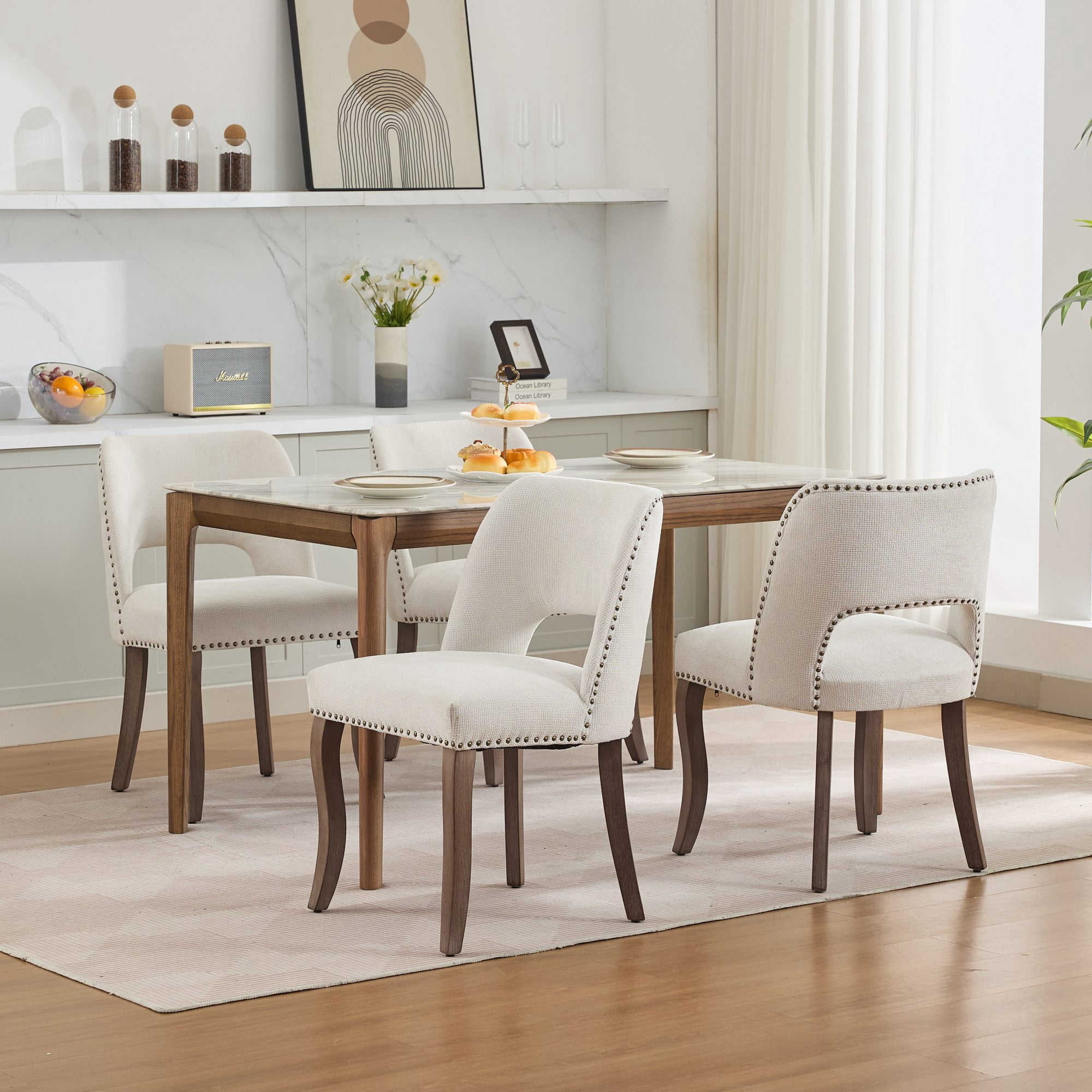 Set of 6 Wood Dining Chairs with Fabric Upholstered Back and Seat Modern Accent Side Chair w/Wood Legs for Living Room/Dining Room/Bedroom/Restaurant