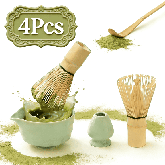 Efoee Matcha Whisk Set,Ceramic Matcha Making Kits, Includes Bowl,Holder, Bamboo Whisk (Chasen) and Scoop,4Pcs Green