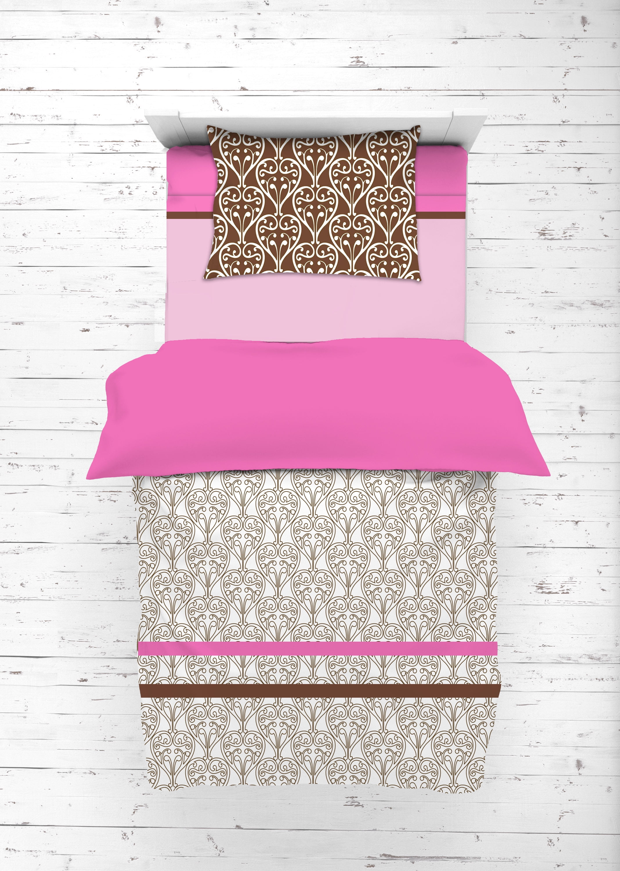 Bacati - Damask 3-Piece 100% Cotton Percale Toddler Sheet Set, Pink/Chocolate