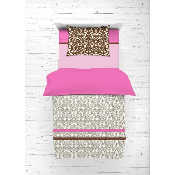 Bacati - Damask 4-Piece Toddler Bedding set 100% Cotton percale, Pink/Chocolate