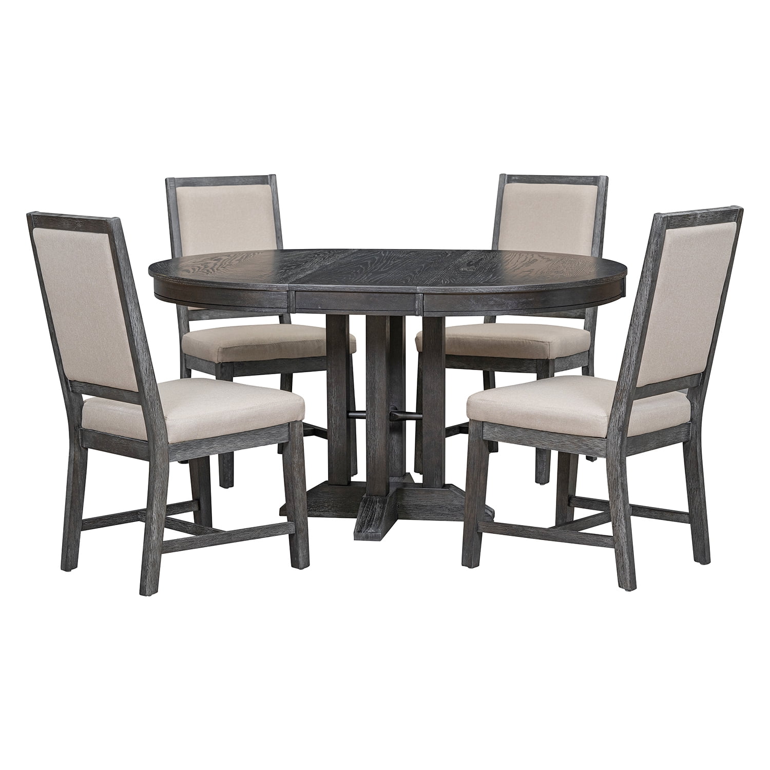 Kadyn 5-Piece Dining Set, Extendable Round Table and 4 Upholstered Chairs, Farmhouse Dining Set for Kitchen, Black Kadyn 5-Piece Dining Set, Extendable Round Table and 4 Upholstered Chairs, Farmhouse Dining Set for Kitchen, Black