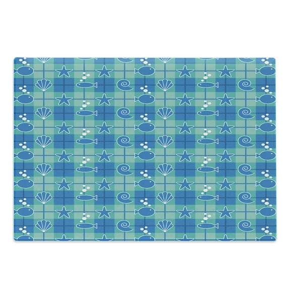 Sea Shells Cutting Board, Plaid Pattern with Cartoon Marine Silhouettes Fish Starfishes Bubbles, Decorative Tempered Glass Cutting and Serving Board, Large Size, Mint Green Blue White, by Ambesonne