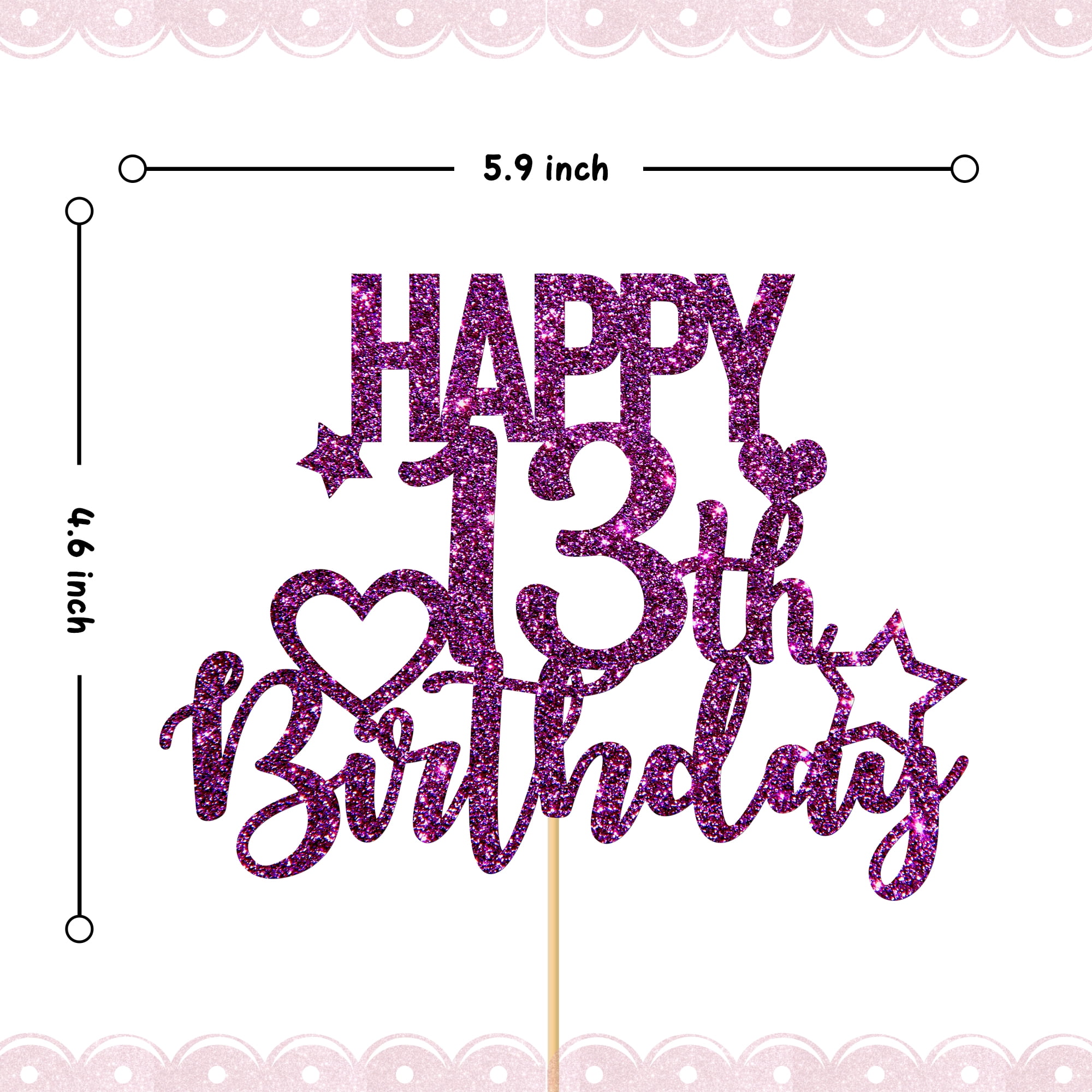 Purple Glitter '13' Cake Topper - Happy 13th Birthday Party Decoration For Teens