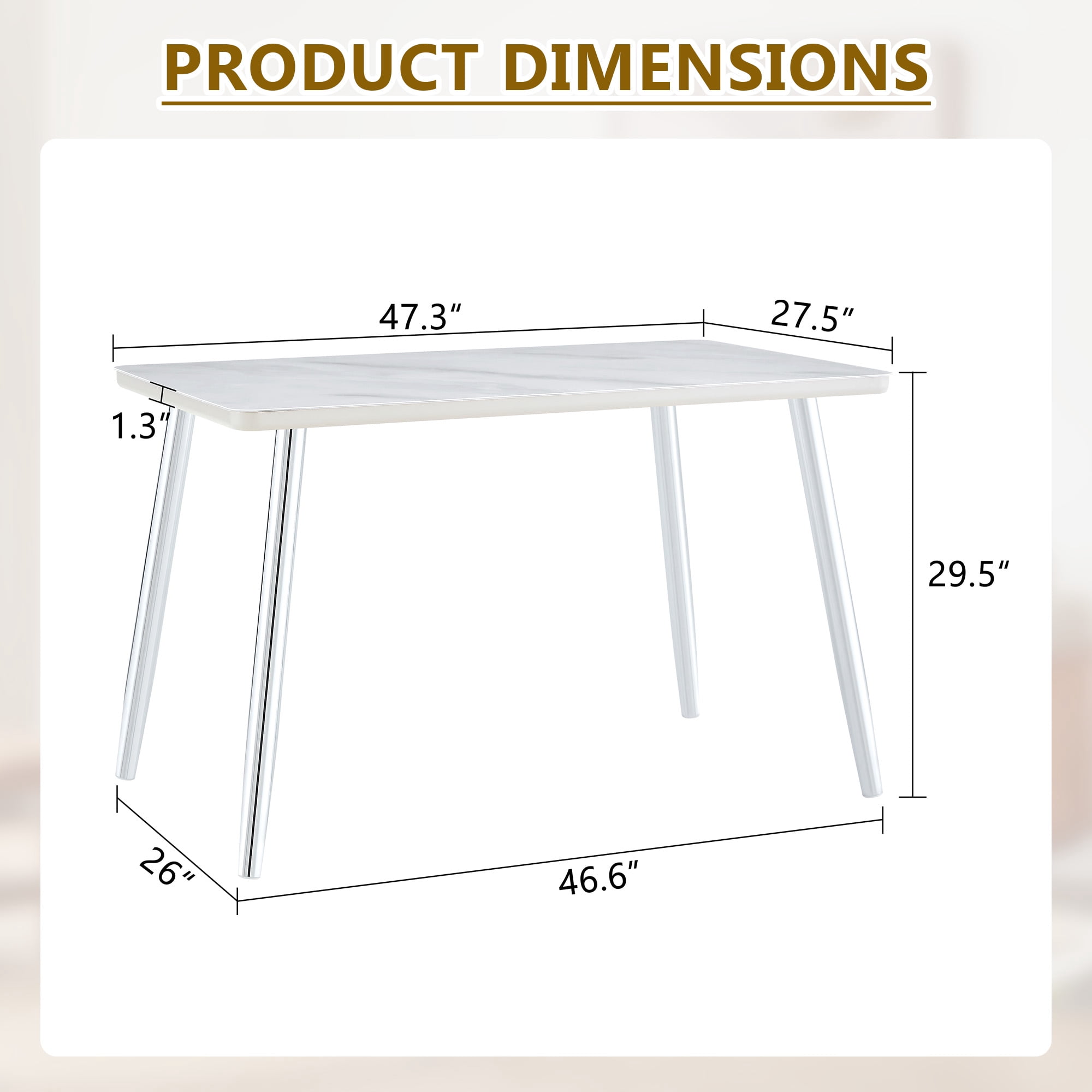 Hi loPres 47" Modern Rectangular Dining Table for Apartments, Faux Marble Tempered Glass Top Kitchen Desk with Stable Silver Metal Legs, Minimalist Style