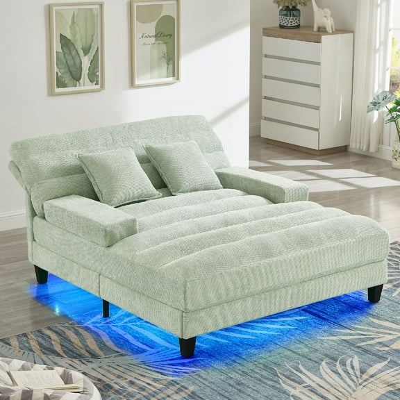 57.1" Oversized Chaise Lounge Sofa with LED Light, Comfy Chenille Sofa Recliner Bed Upholstered Sleeper Couch Lounge Sofa Chair with Adjustable Backrest and Armrests for Living Room, Green