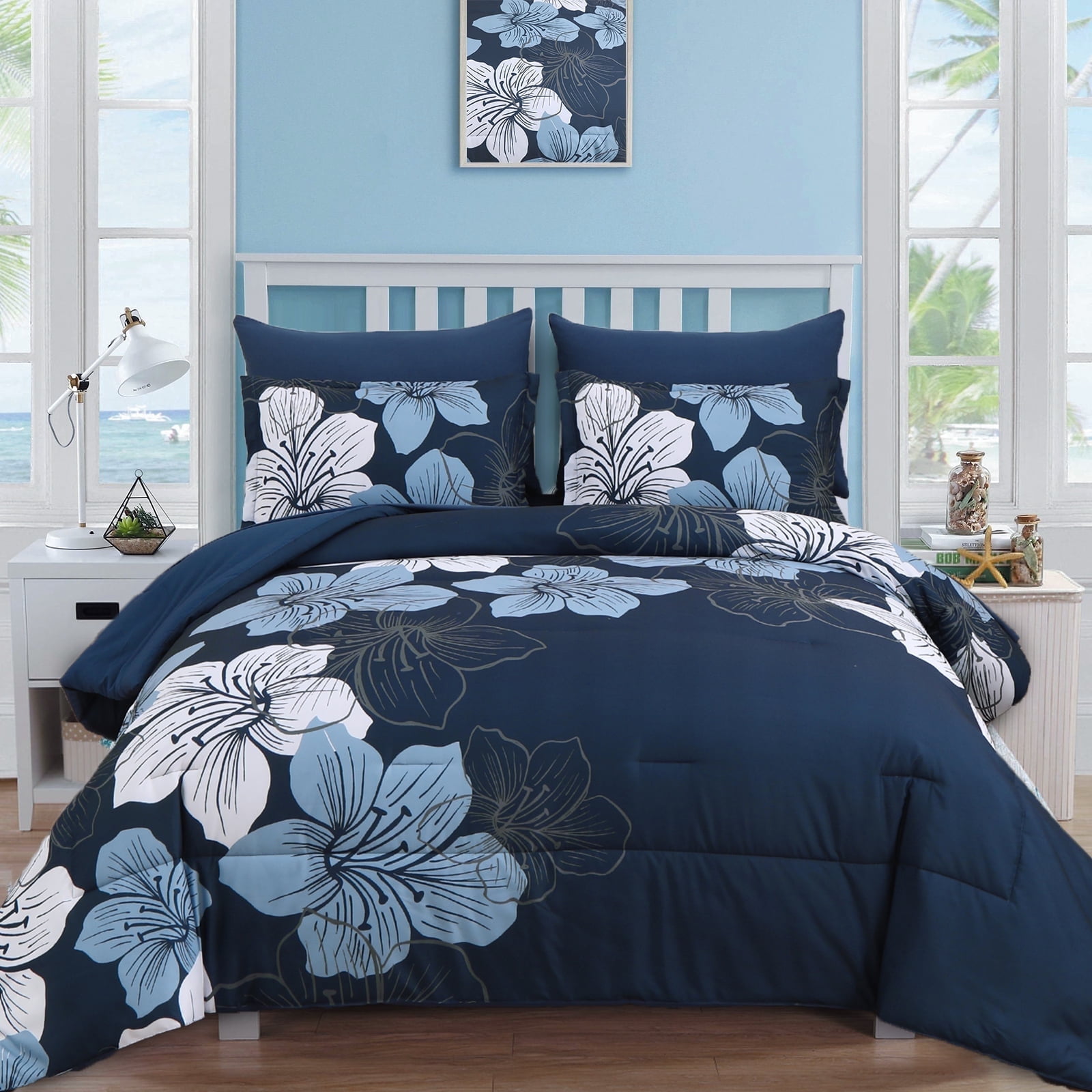 Dintszyayue Floral 7Pcs Comforter Set Queen,Navy Bed in a Bag Soft Bed Sheet Pillowcase Adult(90"x90")