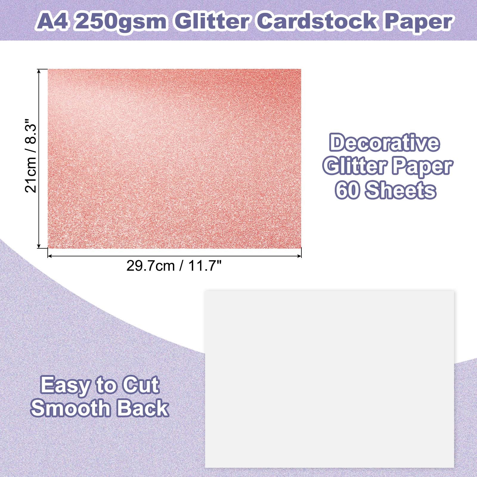 60Sheets Rose Gold Glitter Cardstock, 8.3x11.7 in A4 Glitter Paper Card Stock Shiny Scrapbook 250gsm Sparkly Paper Large Shimmer for Crafts Scrapbook DIY Art Wedding Party