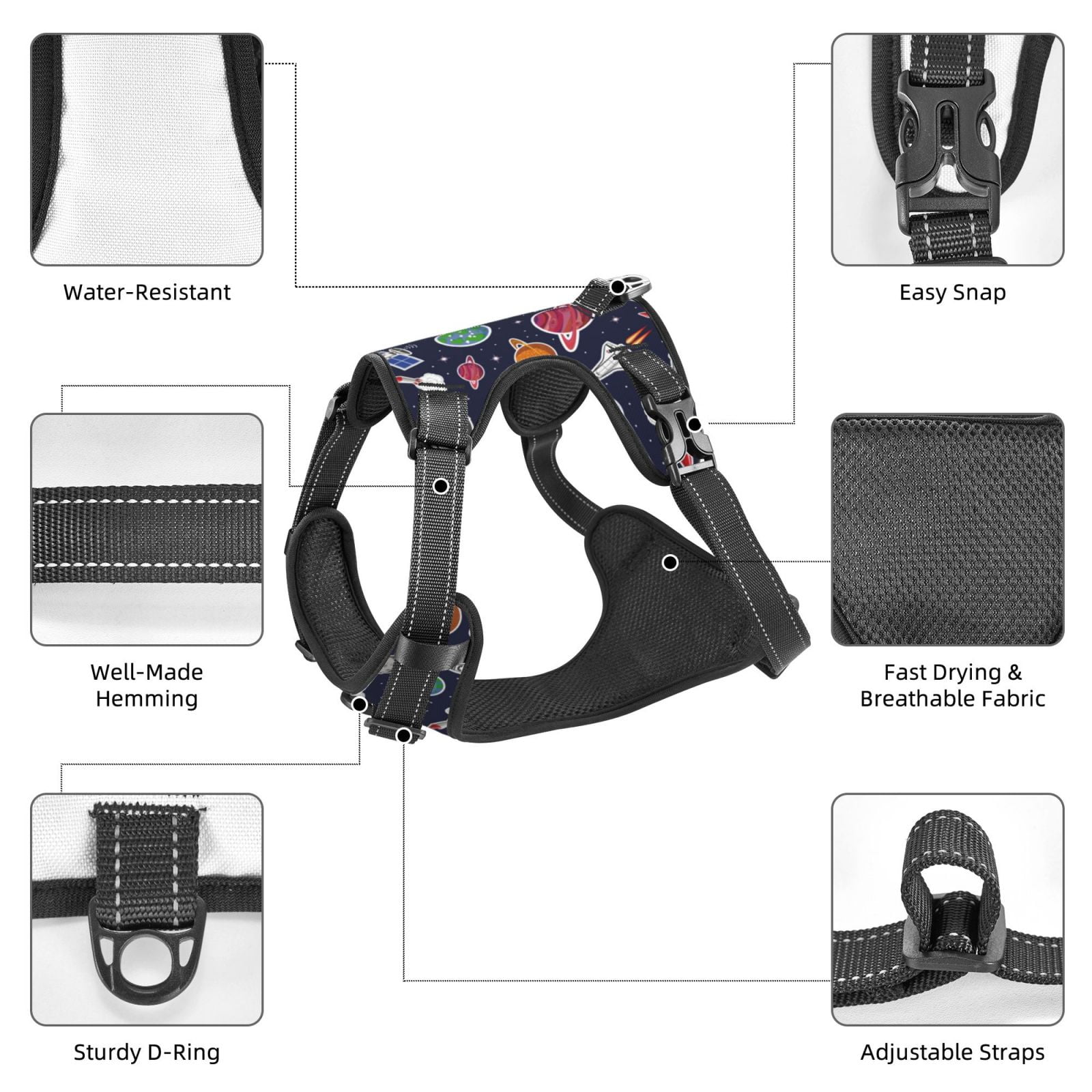 Kdxio Rocket Satellite Print No Pull Dog Harness Adjustable Reflective Oxford Easy Control Medium Large Dog Harness for Training and Everyday-Small