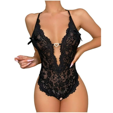 

YDKZYMD Women Lace Sheer Lingerie Chemise With Deep V Set One Piece Teddy Babydoll Underwear Sexy Bodysuit Snap Crotch Sets