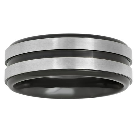 Men's Black IP Stainless Steel Grooved Wedding Band - Mens Ring