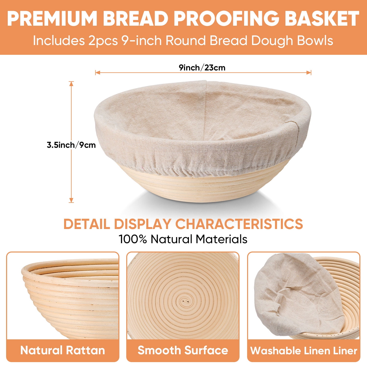 Walchoice Sourdough Bread Proofing Basket Set of 2, 9 Inch Round Dough Proofing Bowls, Sourdough Bread Baking Supplies for Bakers, Handmade Rattan Baskets with Liners