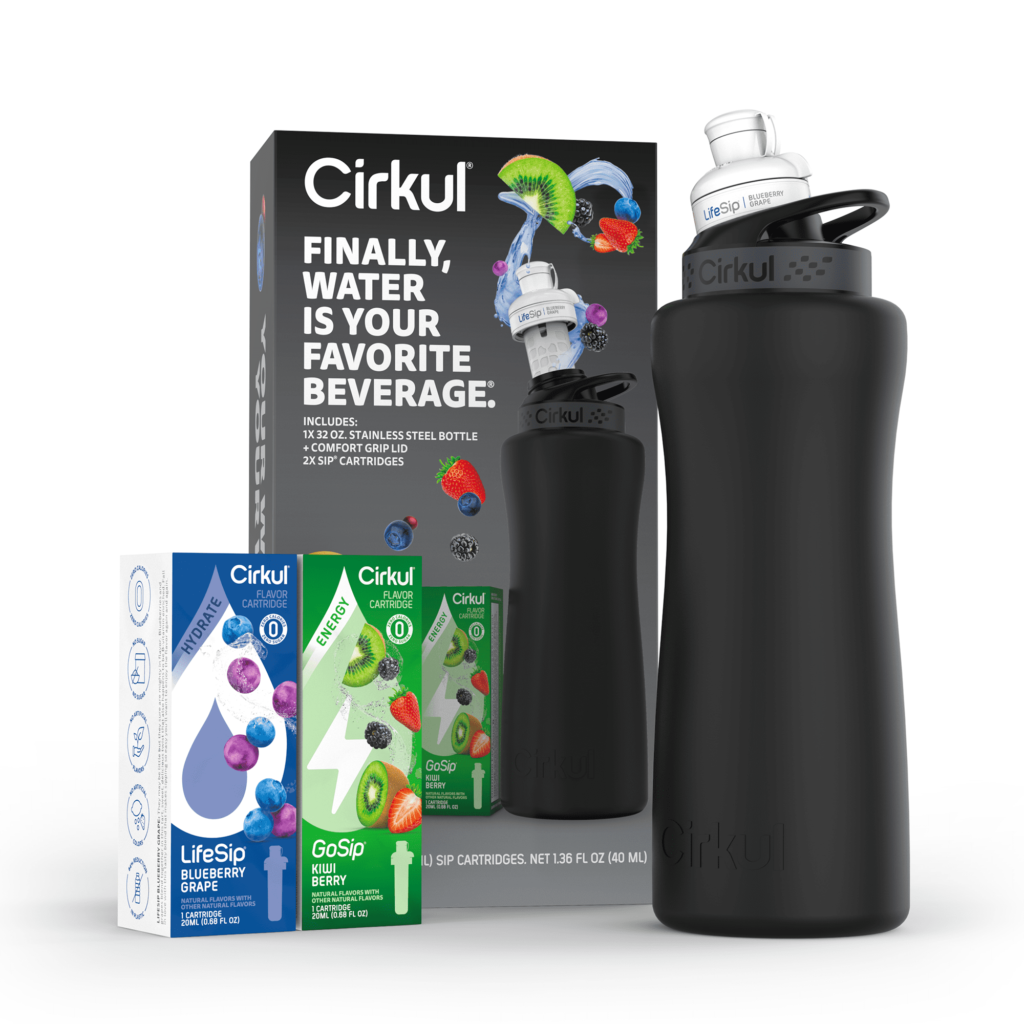 (4 pack) Cirkul 32oz Matte Black Stainless Steel Starter Kit with Matte Black Cirkul Lid 2.0 and 2 Flavor Cartridges (Blueberry Grape & Kiwi Berry)