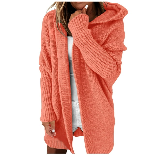 Glisme Cardigan Sweaters For Women Solid Color Hooded Patchwork Batwing Sleeve Open Sweater Knitted Cardigan Lightweight Winter Tops Orange