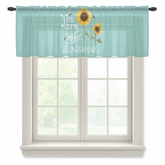 Sunflowers Valance Curtains for Kitchen/Living Room/Bathroom/Bedroom Window, Rod Pocket Small Topper Half Short Window Curtains Voile Sheer Scarf, Modern Bee You Are My Sunshine Teal Green 54"x18"