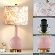 Cinkeda Pink Ceramic Table Lamp with USB Ports Floral Shade 3 Way Dimmable Touch Control Single Nightstand Lamp 24 Modern Gold Bedside Lamps for Living Room Bedroom