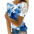 thumbnail image 2 of Craaazy Short Sleeve Tunic Tops for Women Plain Shirts Fashion Lace Crochet Crewneck Tops Solid Color/Gradient Color Blouses, 2 of 5