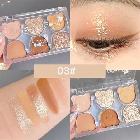 Maoka 6-Color Cute Bear Eyeshadow Palette Nude Purple Glitter Pearly Eye Shadow Matte Long Lasting Korean Eye Makeup Palette Cosmetics