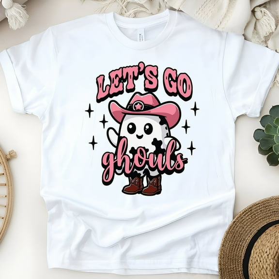 Let's Go Ghouls Shirt Pink Cowgirl Ghost Halloween Western Graphic Tee, White, Size S