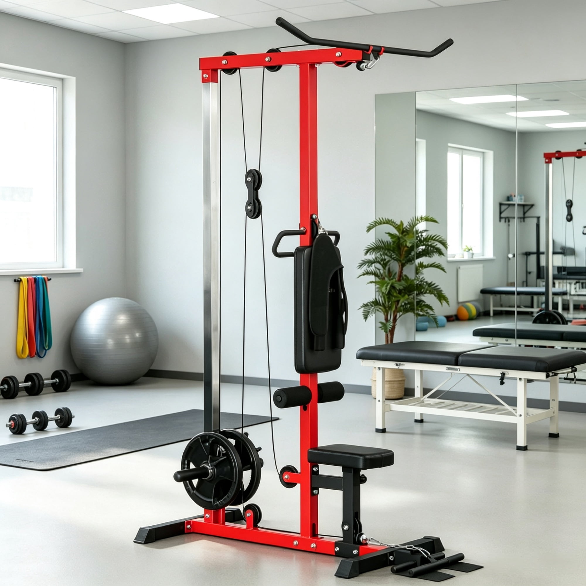 Pull Down Machine with Adjustable Seat And Flip-Up Footplate High/Low Pulley Home Gym Equipment for Upper Body Strength Training Red