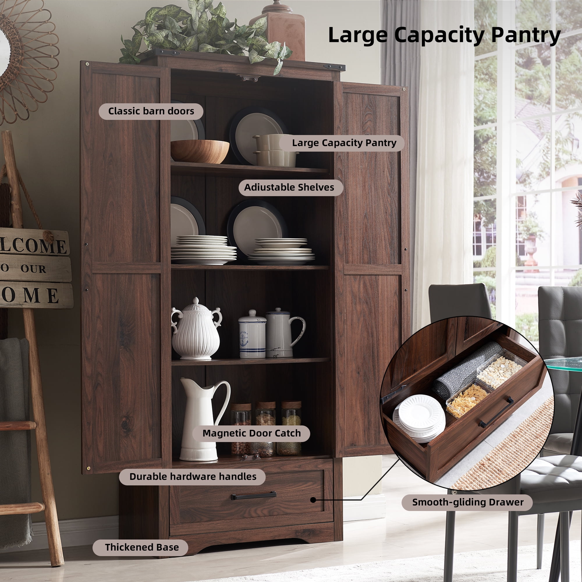 ACCOHOHO Pantry Cabinet, 72" Tall Farmhouse Storage Cabinet with Adjustable Shelves & 1 Drawer for for Kitchen, Dining Room, Brown
