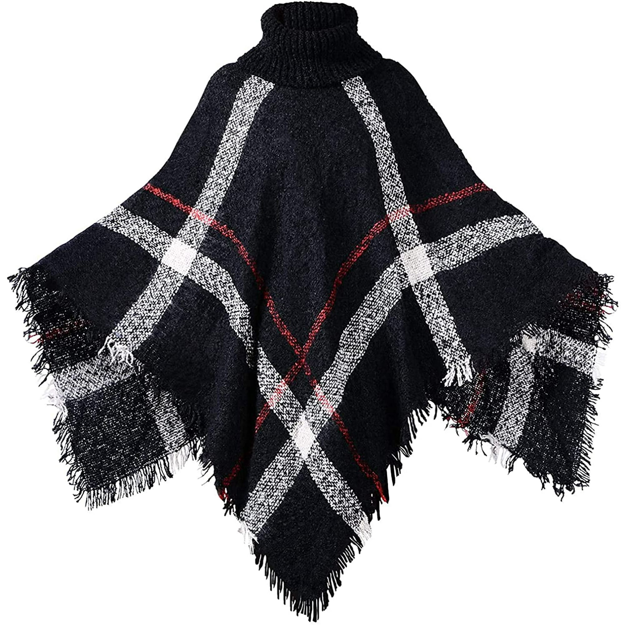Cinhao Women Turtleneck Poncho Sweater Knit Cape Pullover Shawl Wrap Tassels High Collar Batwing Poncho Winter Cloak Black