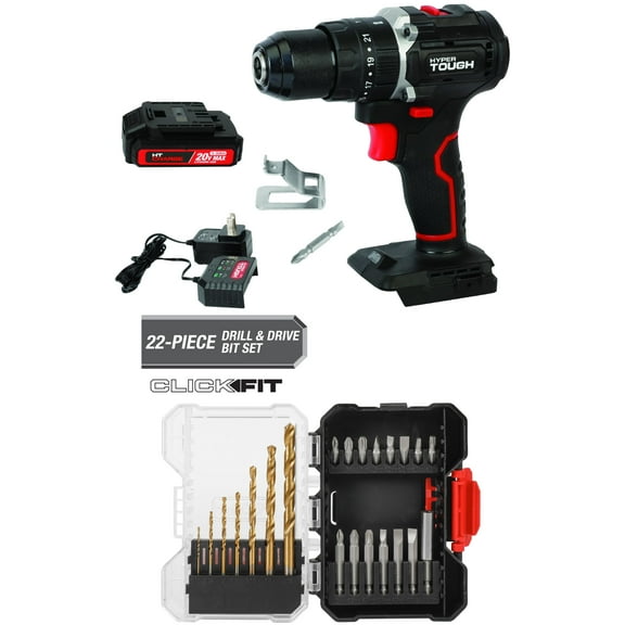 Hyper Tough 20V Max Brushless 2-Speed Cordless Hammer Drill and 22-Piece Drill & Drive Set in Click Fit™ Case