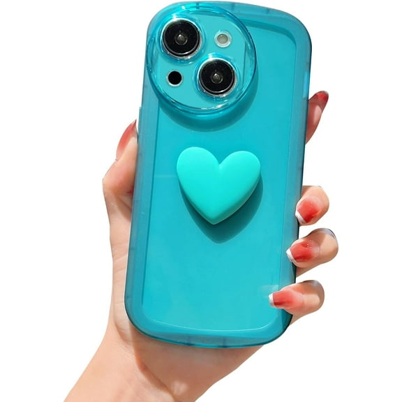 Compatible with iPhone 15 Case for Women Girls Cute 3D Heart Clear Phone Case Camera Lens Protection Shockproof Protection Transparent Soft Silicone Bumper Cover for iPhone 15 6.1 Inch (Blue)