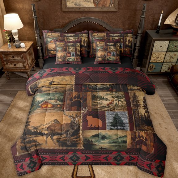 Patchwork Cabin Lodge Bedding Set Twin 7 Pcs,Bear Deer Hunting Bed in a Bag with Flat Fitted Sheet,Boho Exotic Comforter Set with Pillowcase and Sham,Woodland Animal Bed Sheets Set