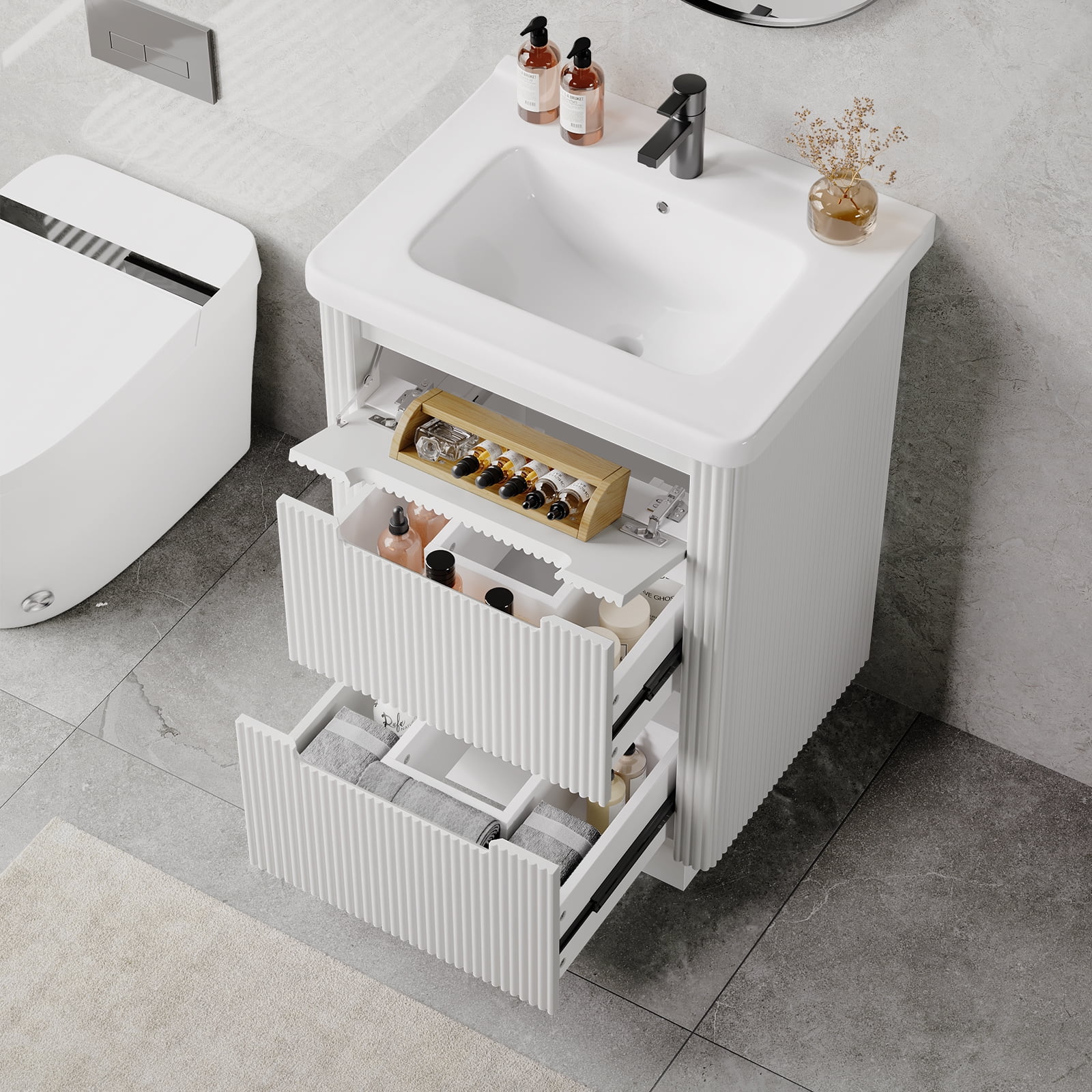 24 inch Bathroom Vanity with Ceramic Sink, Modern Floor Vanity Sink Cabinet with 3 Drawers, Fluted Free Standing Bathroom Storage Cabinet with Sink Combo Set, White