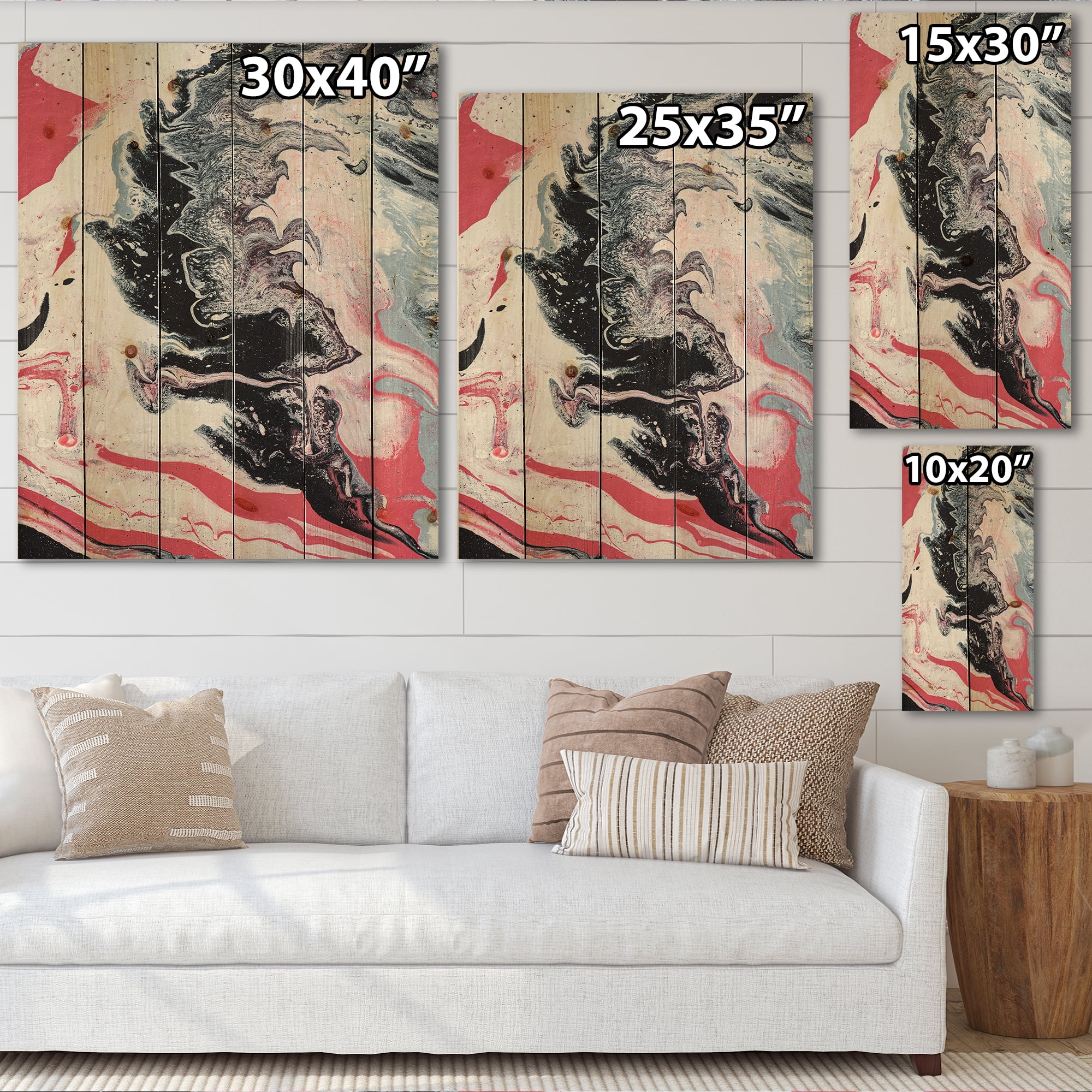 Designart 'Abstract Marble Composition In Gray and Pink I' Modern Print on Natural Pine Wood