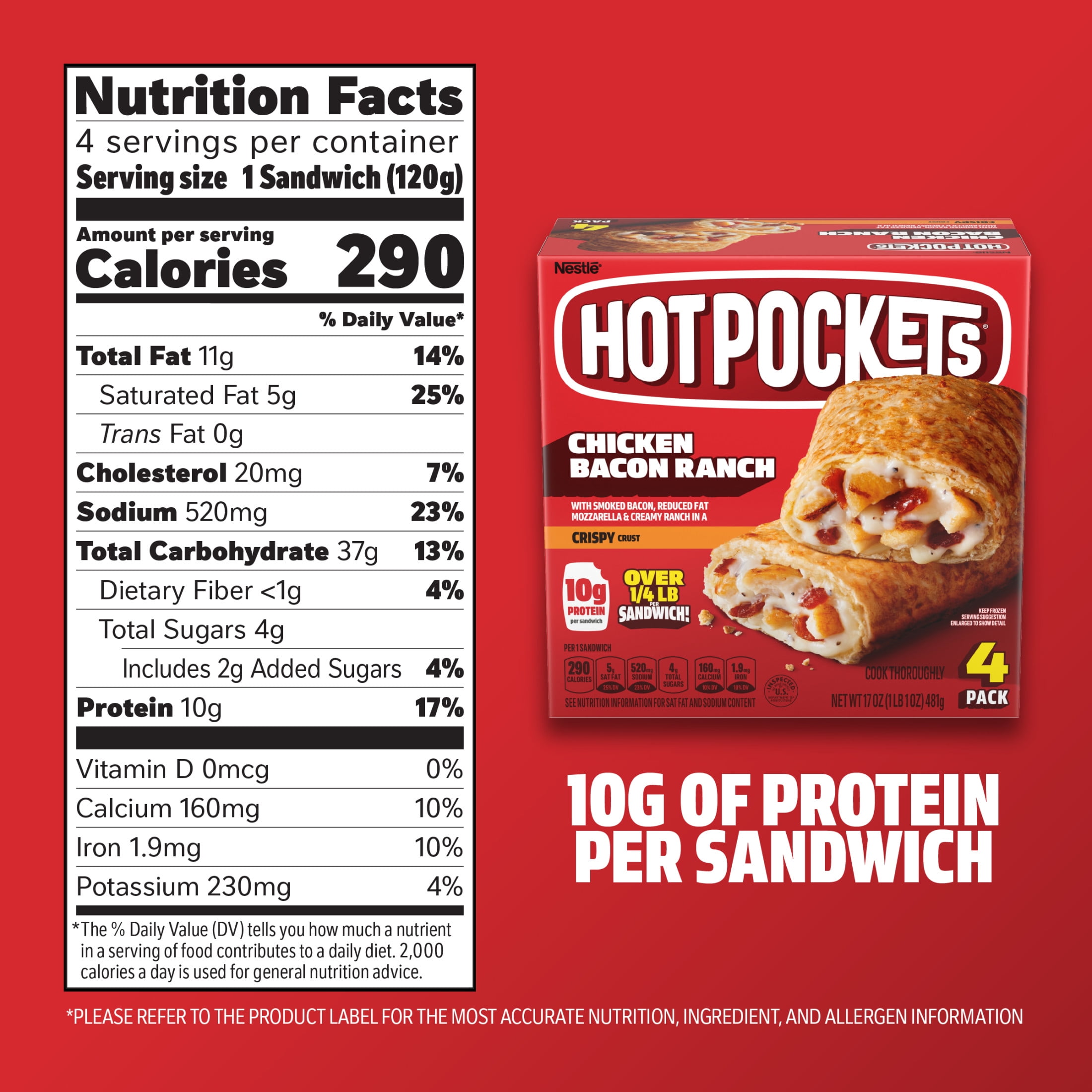Hot Pockets Chicken Bacon Ranch, Snacks, Air Fryer Snacks, 10g Protein, 17 oz, 4 Pack (Frozen)