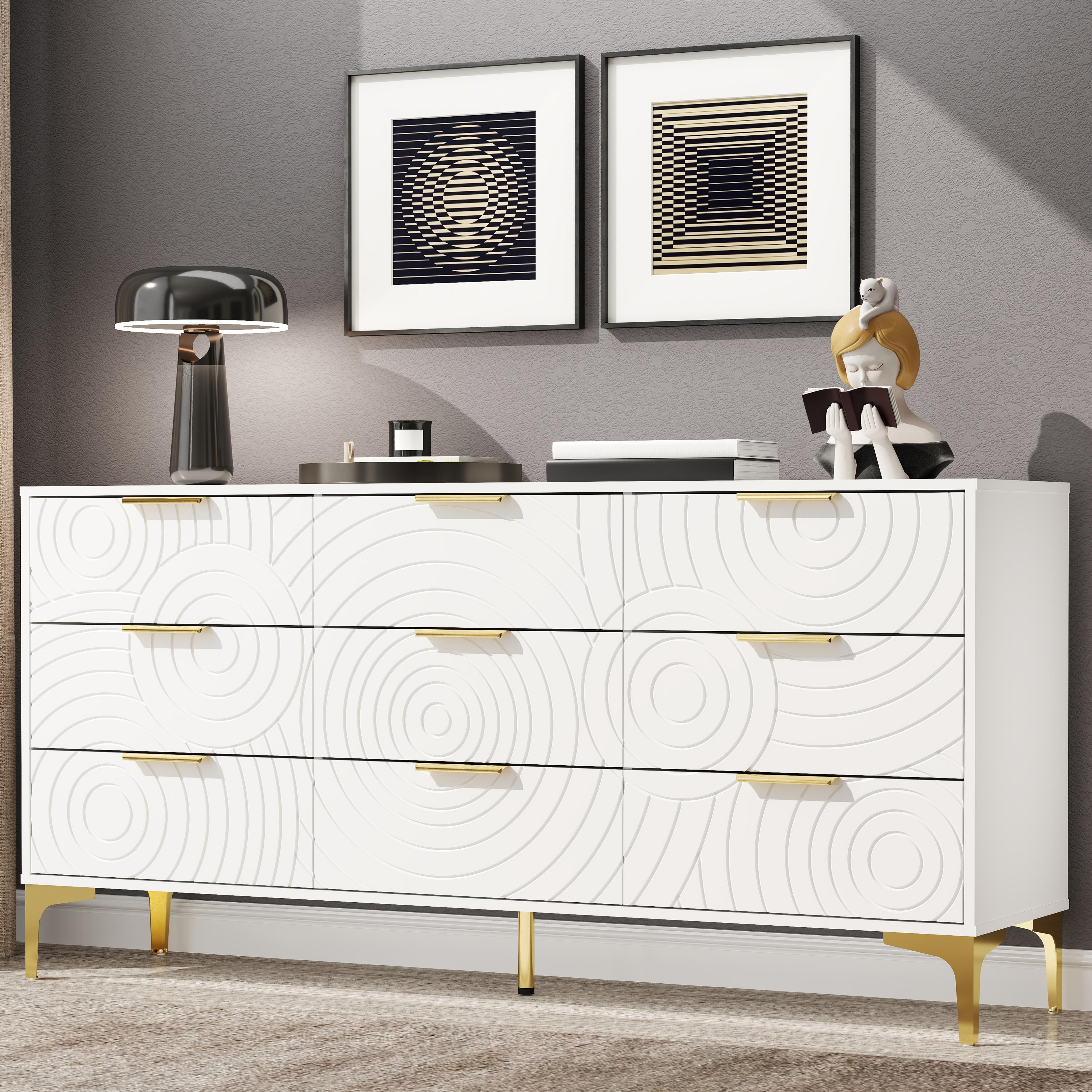 Modern 9 Drawer Dresser 62.9 Inch Wide Chest of Drawers with Elegant Scroll Pattern for Bedroom Living Room or Hallway White