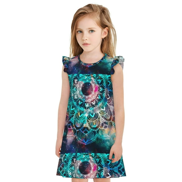 Vsdgher Mandala Aquarelle pour Filles Chemises de Nuit Manches Courtes à Volants Robe de Nuit Pyjama pour Fête Pyjama-TG