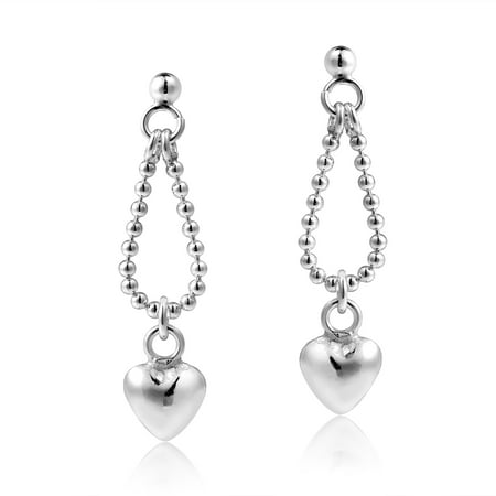 - Handcrafted Heart Charm Bead Chain Loop .925 Sterling Silver Stud Earrings