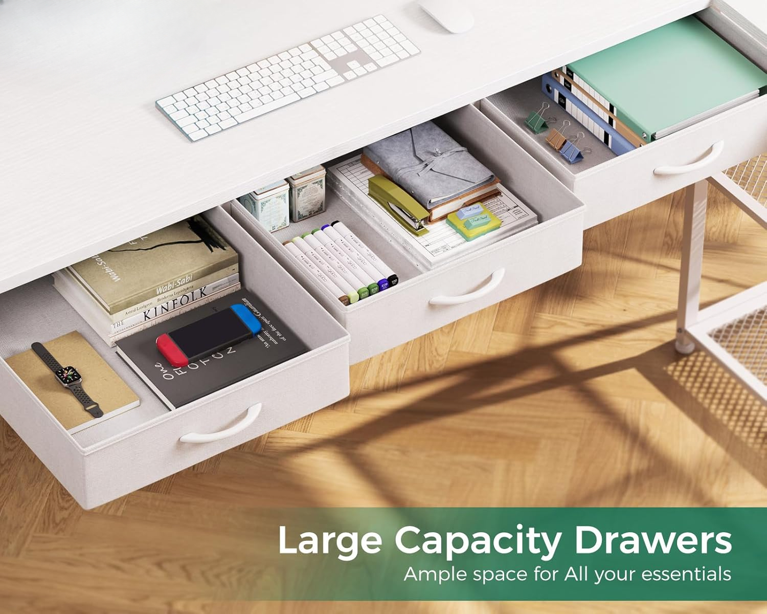 53 Inch L Shaped Computer Desk with Drawers, Power & Reversible Storage Shelves, White