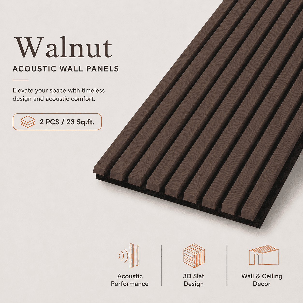 2PCS 16''x104'' Wood Slat Acoustic Wall Paneling for Interior and Ceiling Decor,23Sq.ft,Walnut