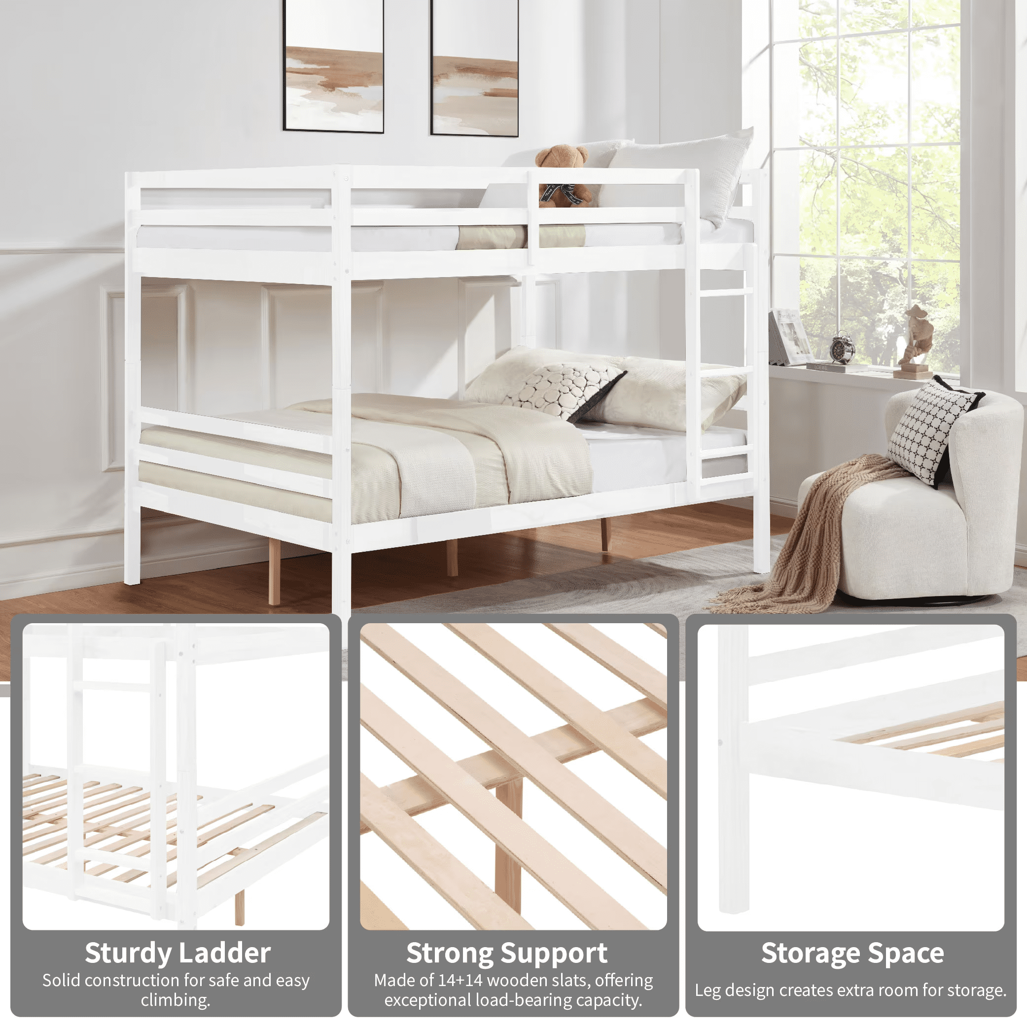 MAYEERTY Full over Full Bunk Bed with Ladder, Wooden Bed Frame with High Guardrail and Ladder for Kids, No Box Spring Needed, White