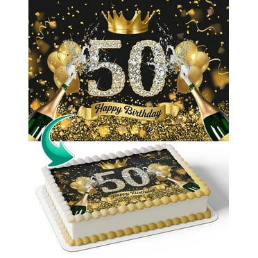Black And Gold Balloons Crown Champagne Glitter 50 Edible Cake Image Topper Birthday Photo Icing Fondant Decoration Print 1/4 Sheet