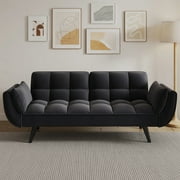 Aukfa 74" Velvet Flared Arm Futon Convertible Sofa Bed, Curved Sleeper Sofa for Home Office, Black