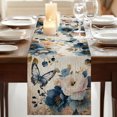 thumbnail image 3 of Vintage Blue Floral Table Runner 90 Inches Long,Butterflies Watercolor Flower Tan Cotton Linen Table Runners Dresser Scarves,Fabric Tabletop Scarf Furniture Cover for Home Dinner Party 13"x90", 3 of 8