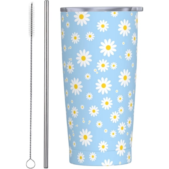Daisy Tumbler 20oz Floral Flowers Stainless Steel Insulated Tumblers with Lid and Straw Blue Travel Coffee Mug Tea Wine Cups Water Bottle Daisy Gifts for Women