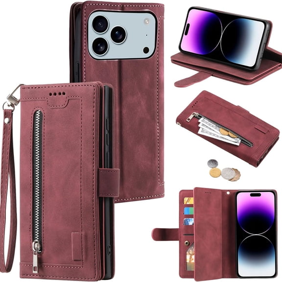 TECH CIRCLE for iPhone 17 Leather Wallet Case 9 Card Holder Slots Zipper Pocket Handbag Cover Magnetic Closure Kickstand with Wrist Strap TPU Shockproof Flip Cover for Women,Winered