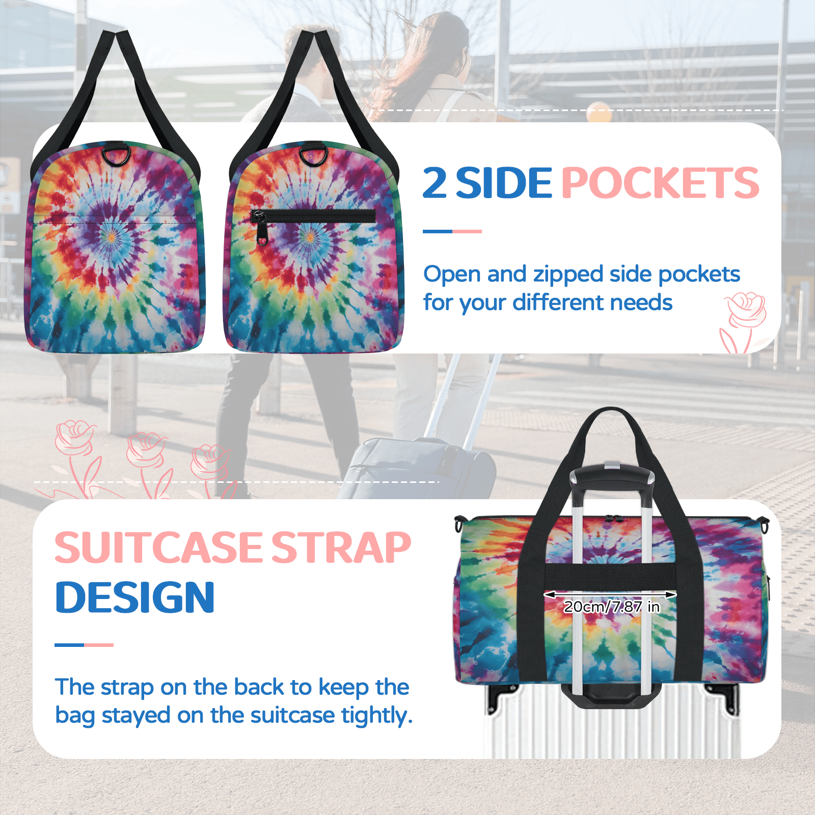 Herdesigns Tie Dye Rainbow Boho Hippie Gym Bag for Women, Duffle Bag for Travel Sport, Lightweight Waterproof Carry on Weekender Overnight Dance Yoga Workout Bags