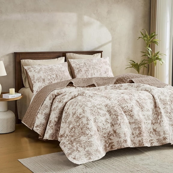 Floral Taupe King Size 3-Piece Cotton Quilt Bedding Set