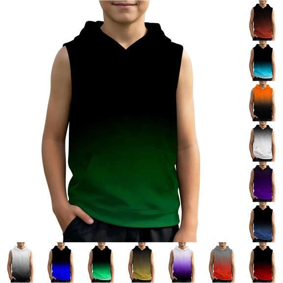 RMGVDSD Boys Tank Tops Gradient Color Hooded T-Shirts For Kids Sleeveless Pullover Hoodies Lightweight Pocket Athletic Tops 10-11 Years