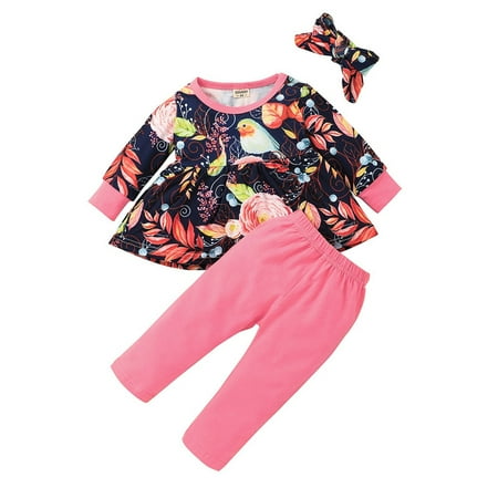 

3PCS Long Sleeves Ruffle Floral Shirt Tops Pants With Headband Outfit Sets